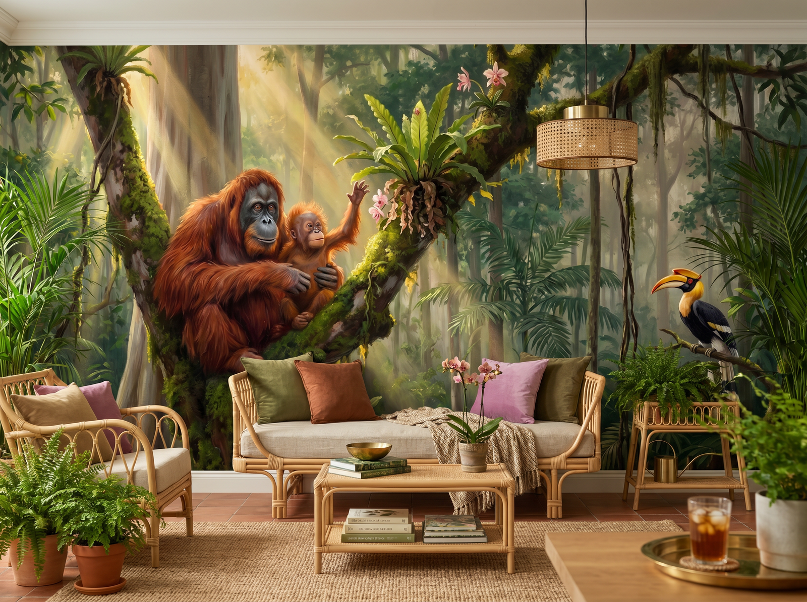 Orangutan scenic wallpaper mural on the feature wall of an English-country living room, in a soft grey palette — The Wall Shawl.