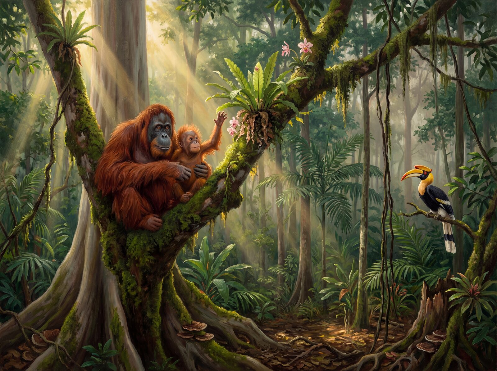 Vibrant orangutan mural with Mother Orange, Baby Ginger, and canopy greens. Made to order.