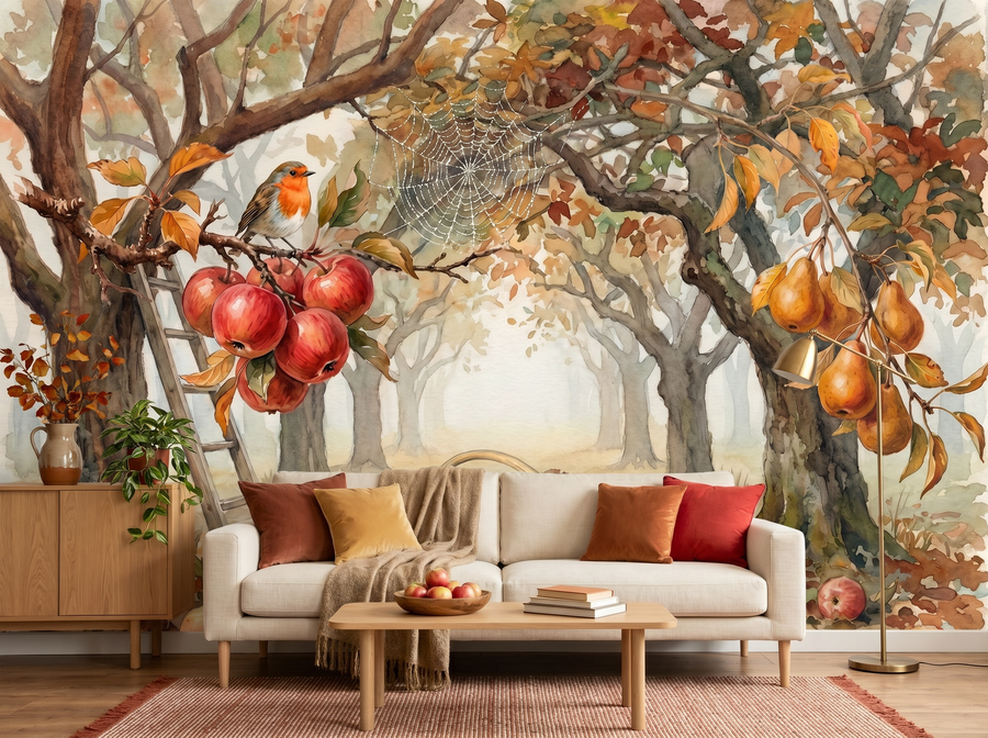 Orchard Harvest scenic wallpaper mural on the feature wall of an English-country kitchen, in a soft grey palette — The Wall Shawl.