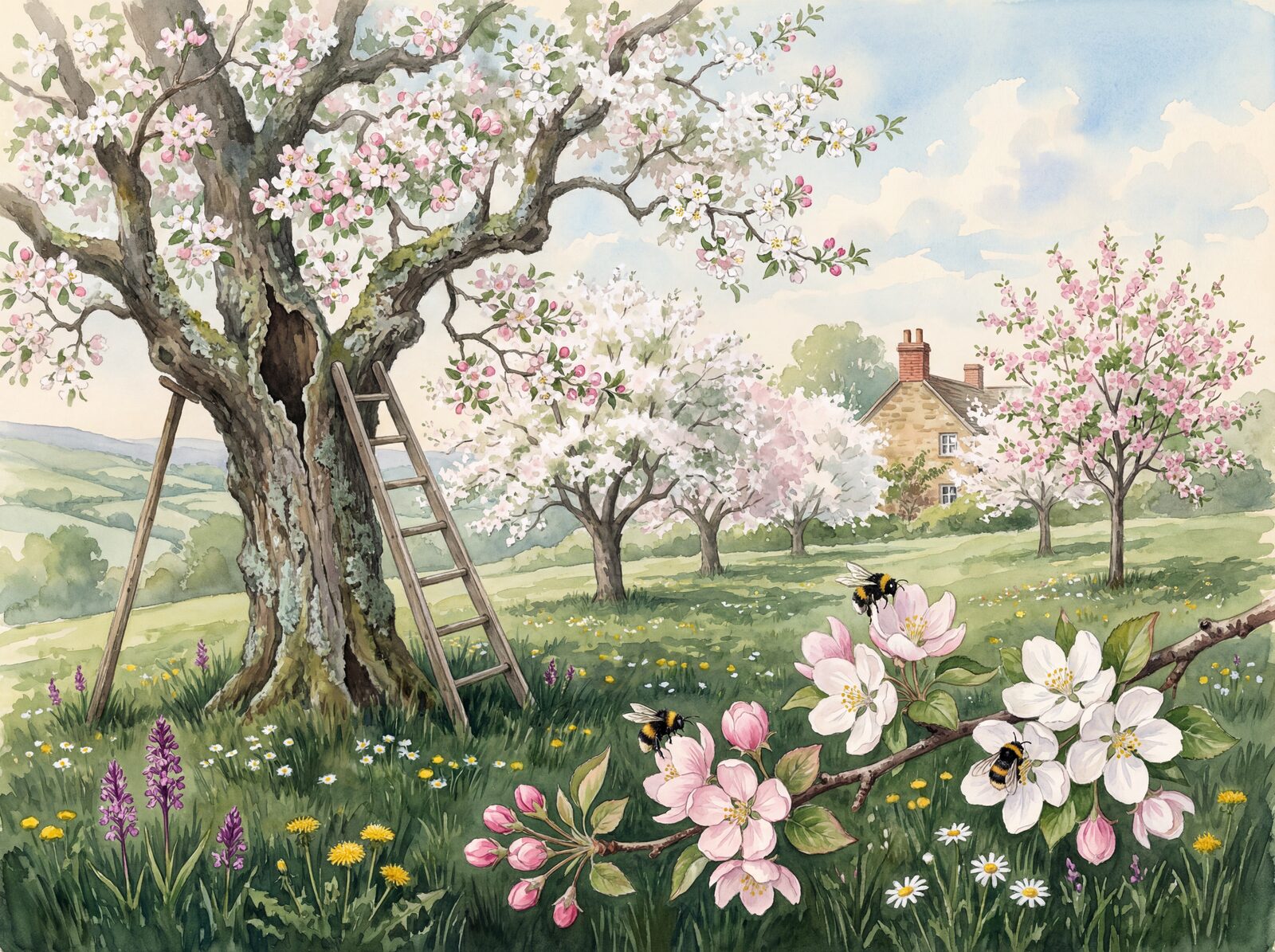 Scenic mural wallpaper featuring an English garden palette. Made to order.