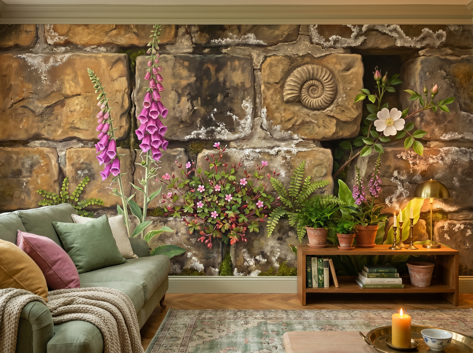 Ossuary Flowers scenic wallpaper mural on the feature wall of an English-country bathroom, in a soft grey palette — The Wall Shawl.