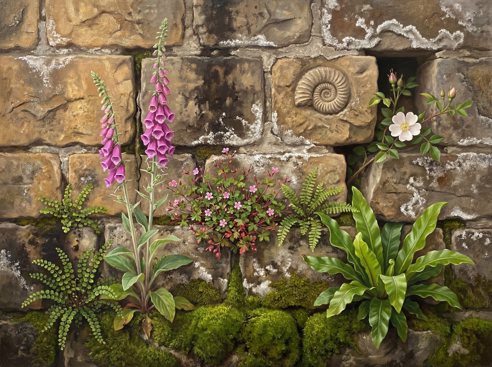 Ancient stone walls colonised by botanical life. A palette of crypt shadow, limestone honey, and foxglove pink. Made to order.