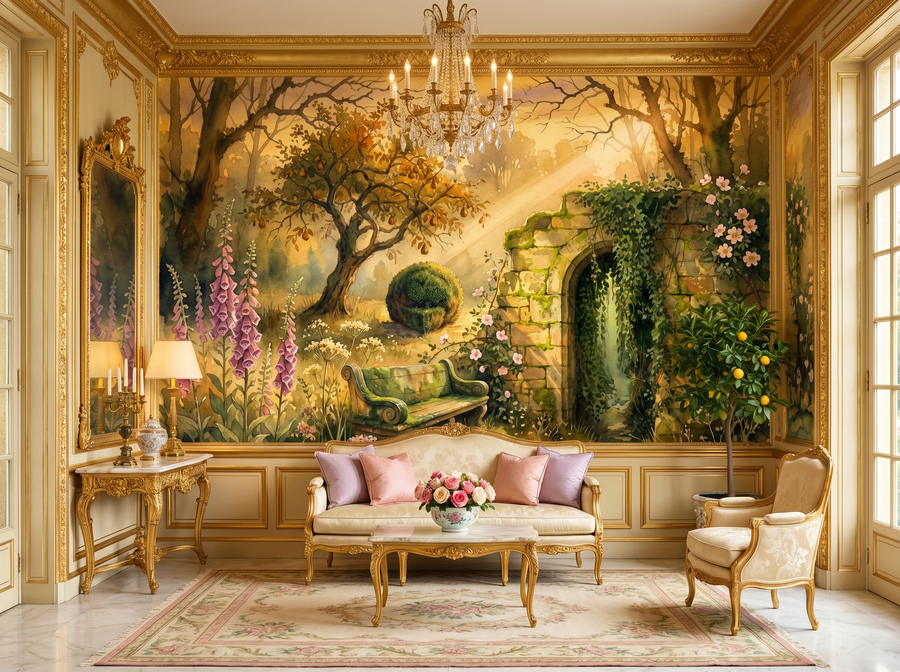 Overgrown Ruin Garden scenic wallpaper mural on the feature wall of a dark-academia living room, in a soft grey palette — The Wall Shawl.