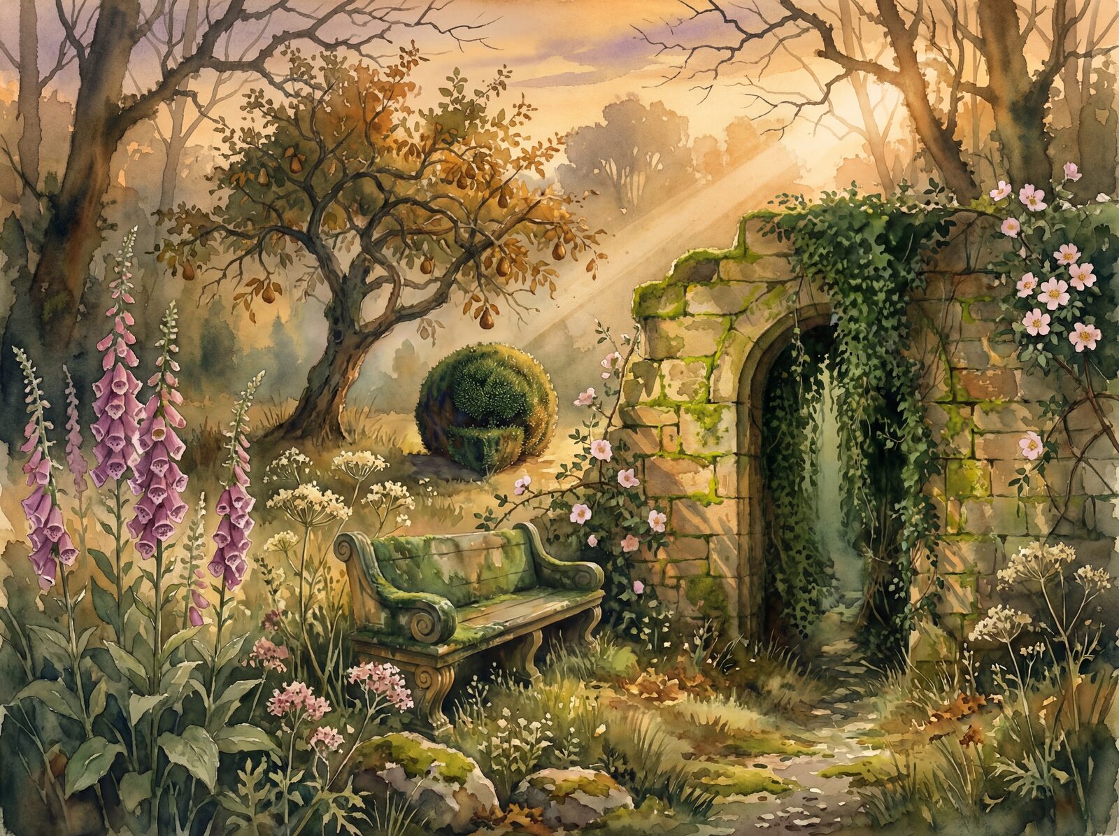 Scenic mural wallpaper in Shadow Deep, Wall Honey, and Overgrown Green. Made to order.