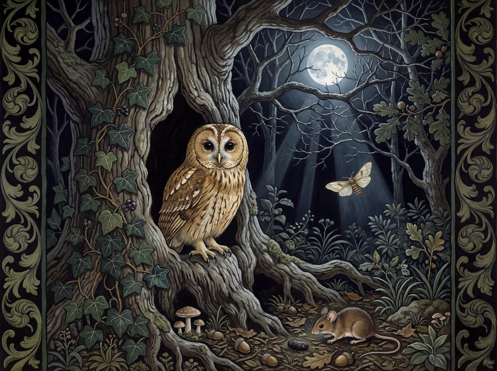 An intimate tawny owl encounter in an ancient oak at night. Palette: Night Black, Owl Brown, Hollow Dark, Moon White. Made to order.