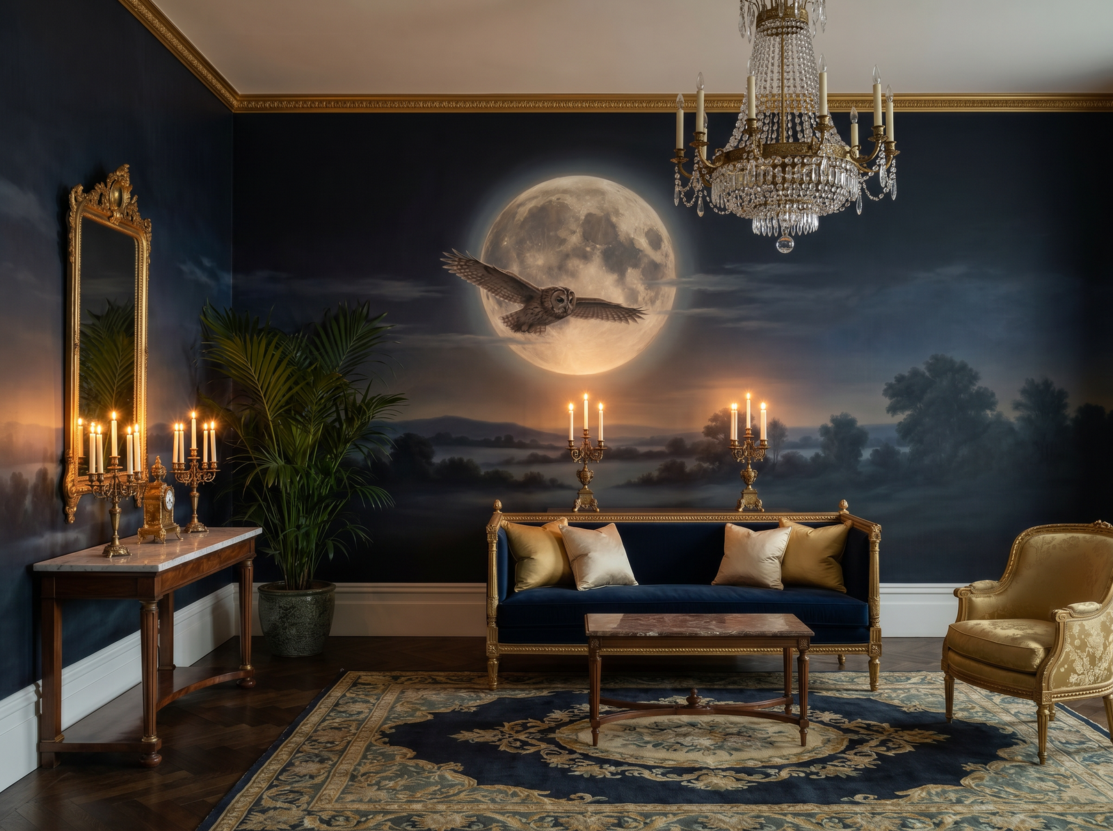 Owl Moon scenic wallpaper mural on the feature wall of an English-country living room, in a moody black-and-charcoal palette — The Wall Shawl.