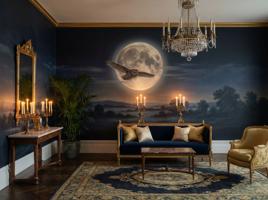 Owl Moon scenic wallpaper mural on the feature wall of an English-country living room, in a moody black-and-charcoal palette — The Wall Shawl.