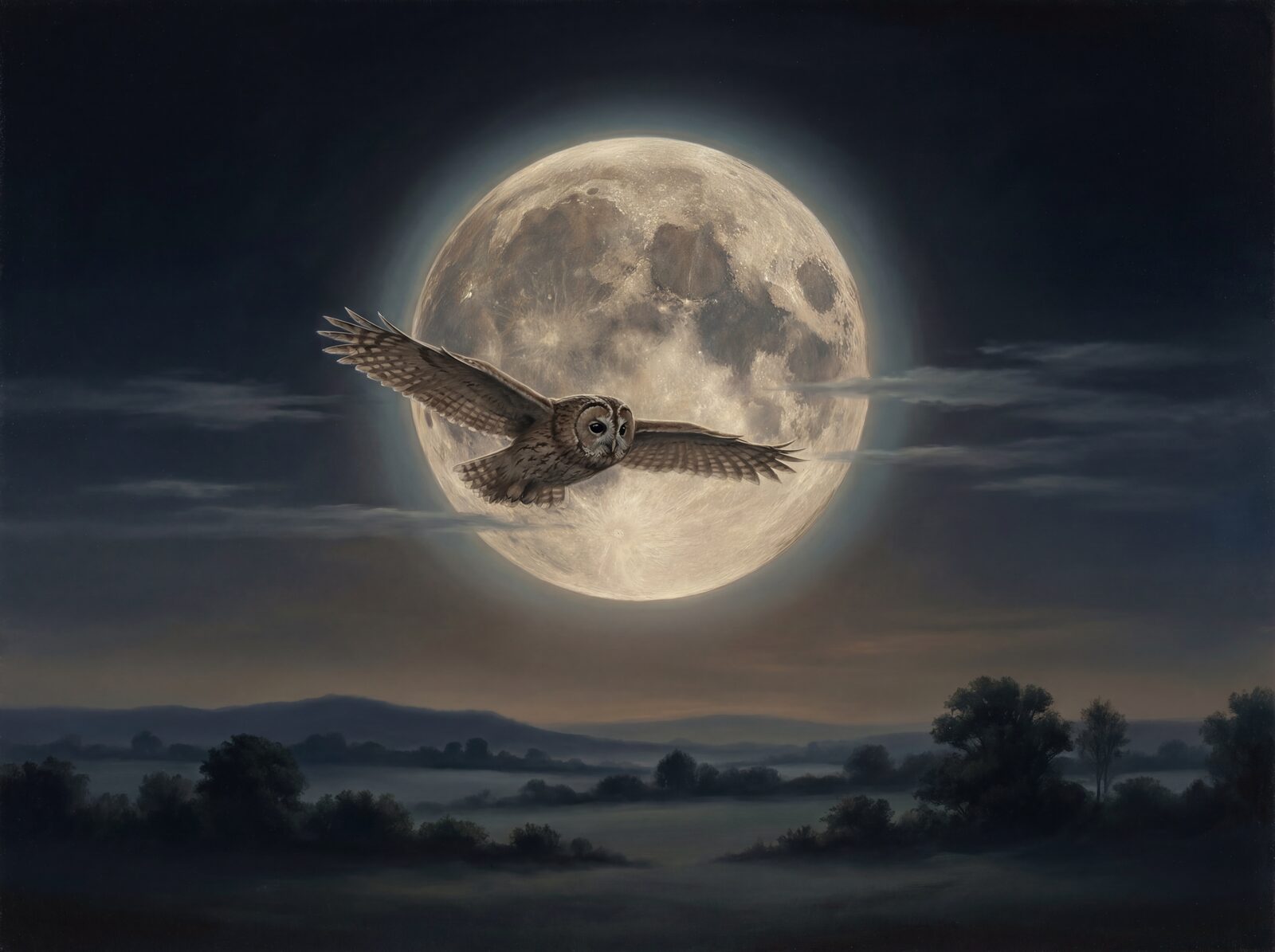 Mural wallpaper featuring owl and moon in Hunt Black, Moon Silver, and Owl Silhouette. Made to order.