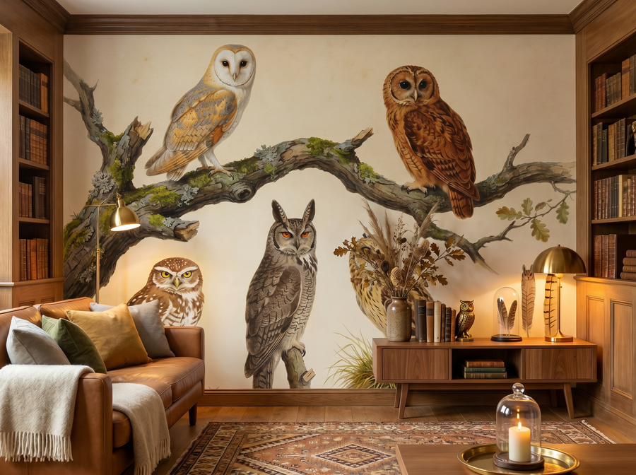 Owl Specimens scenic wallpaper mural on the feature wall of an English-country study, in a golden yellow-and-ochre palette — The Wall Shawl.