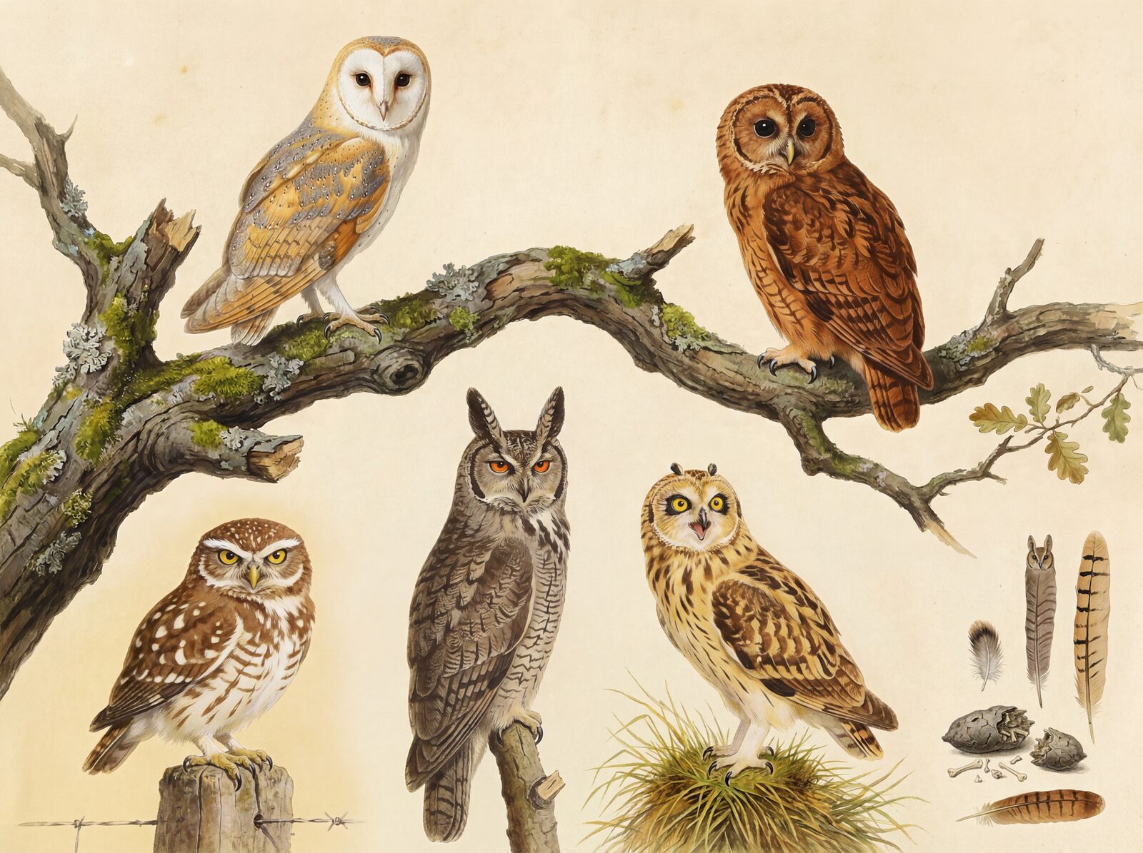 A scholarly comparative study of five owl species on an aged vellum ground. Golden buffs, rich browns, and warm whites. Made to order.