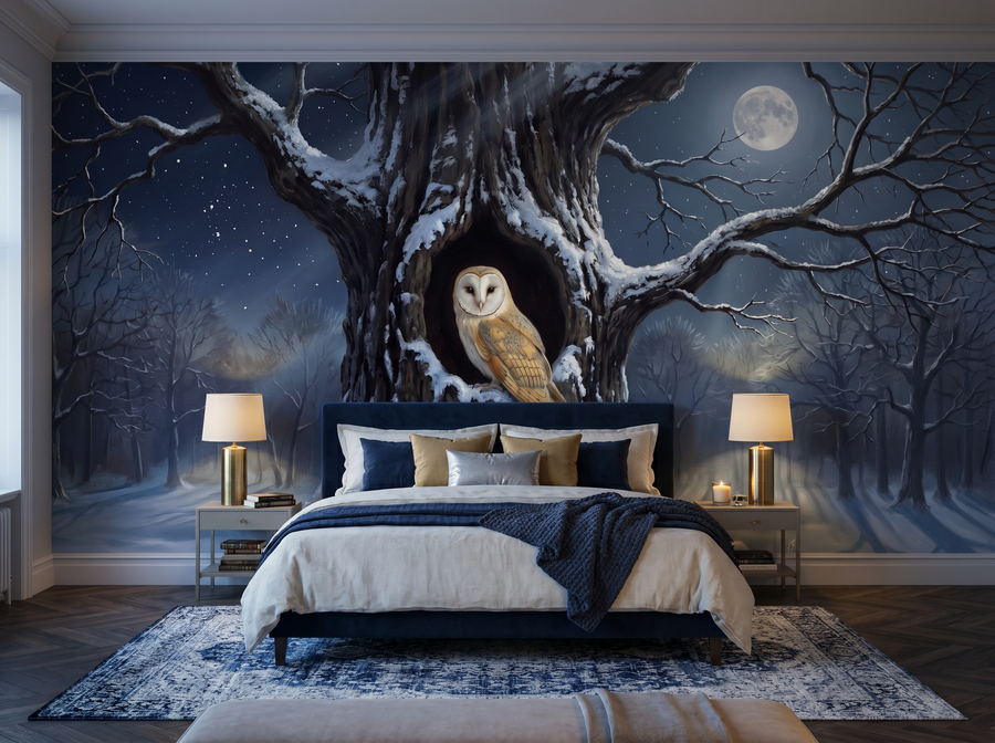 Owl's Oak scenic wallpaper mural on the feature wall of an English-country bedroom, in a moody black-and-charcoal palette — The Wall Shawl.