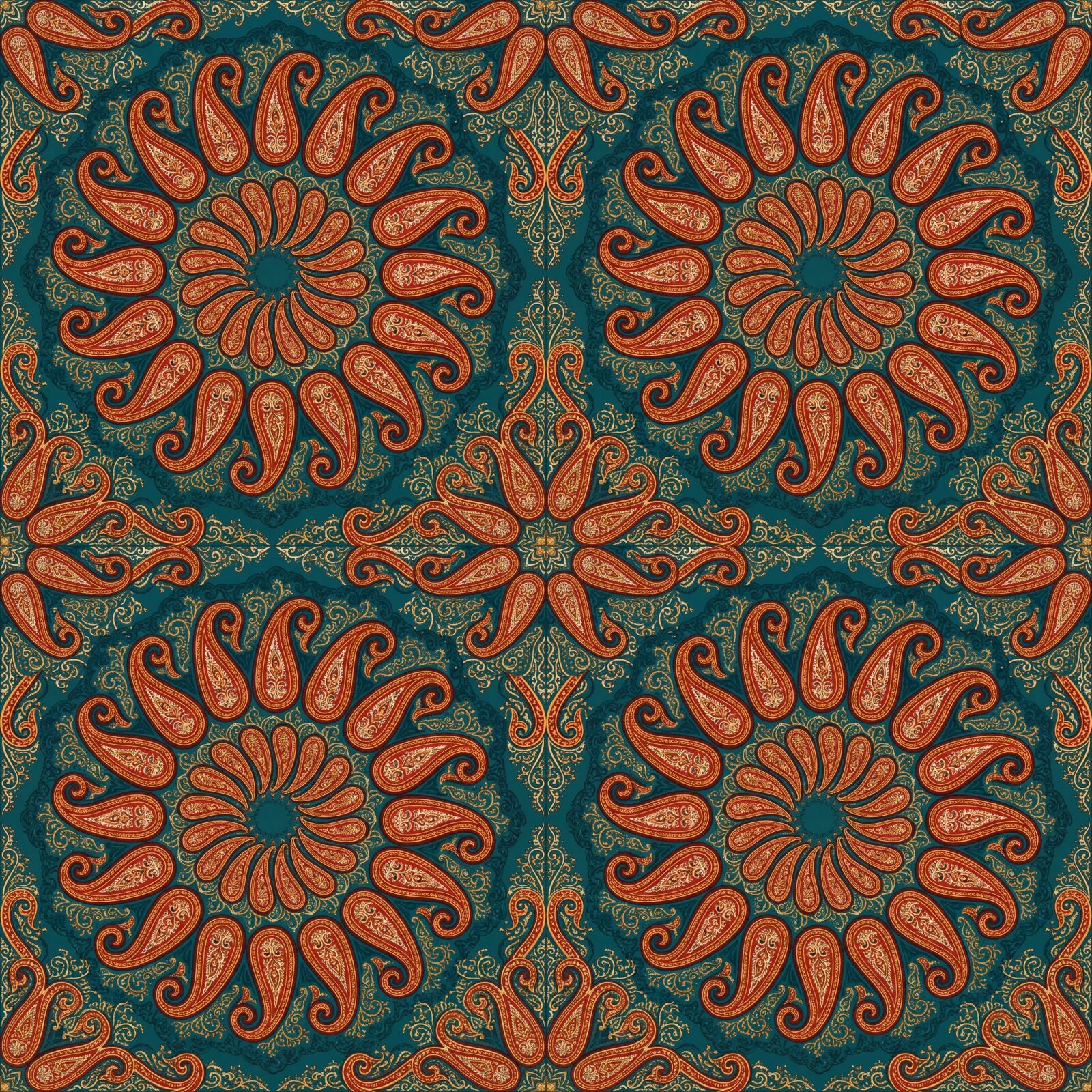 Experience the hypnotic spiral of our Paisley Mandala mural. Rich teal, red, and gold flow across a tapestry of intricate paisleys. Made to order.