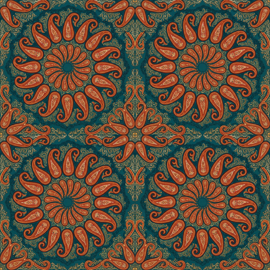 Experience the hypnotic spiral of our Paisley Mandala mural. Rich teal, red, and gold flow across a tapestry of intricate paisleys. Made to order.