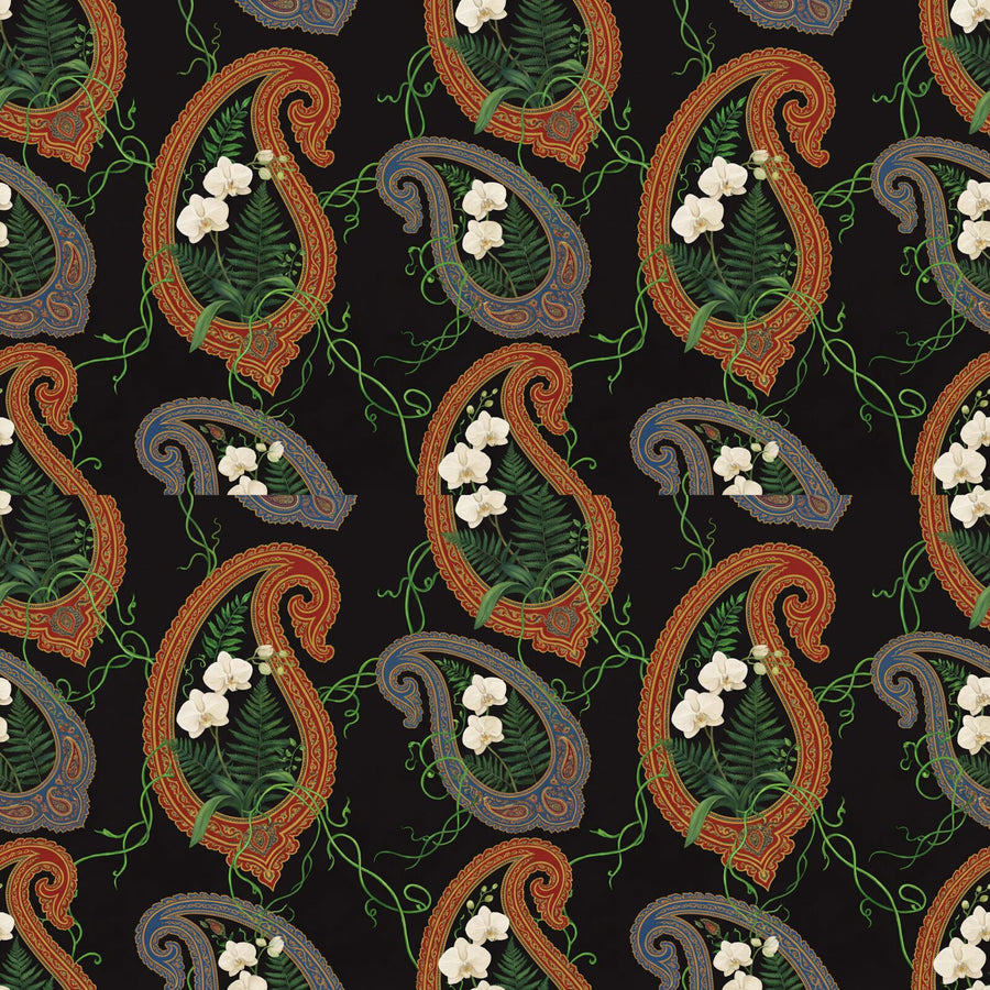 Vibrant red, gold, and green botanicals burst from giant paisley motifs. A Modern Maximalist pattern wallpaper. Made to order.