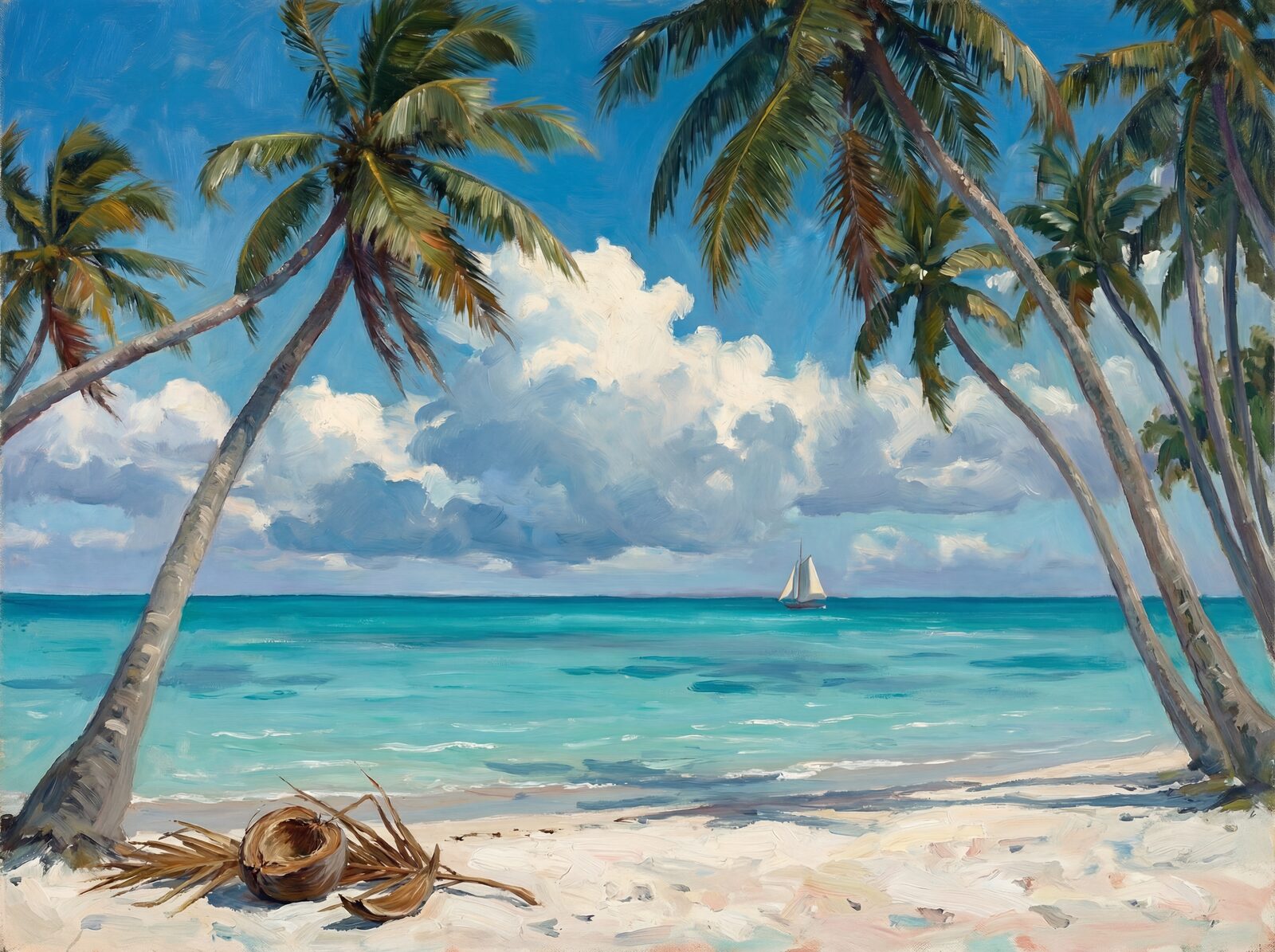 Panoramic coastal scene with Lagoon Turquoise, Deep Teal, and Cerulean Sky. Made to order.
