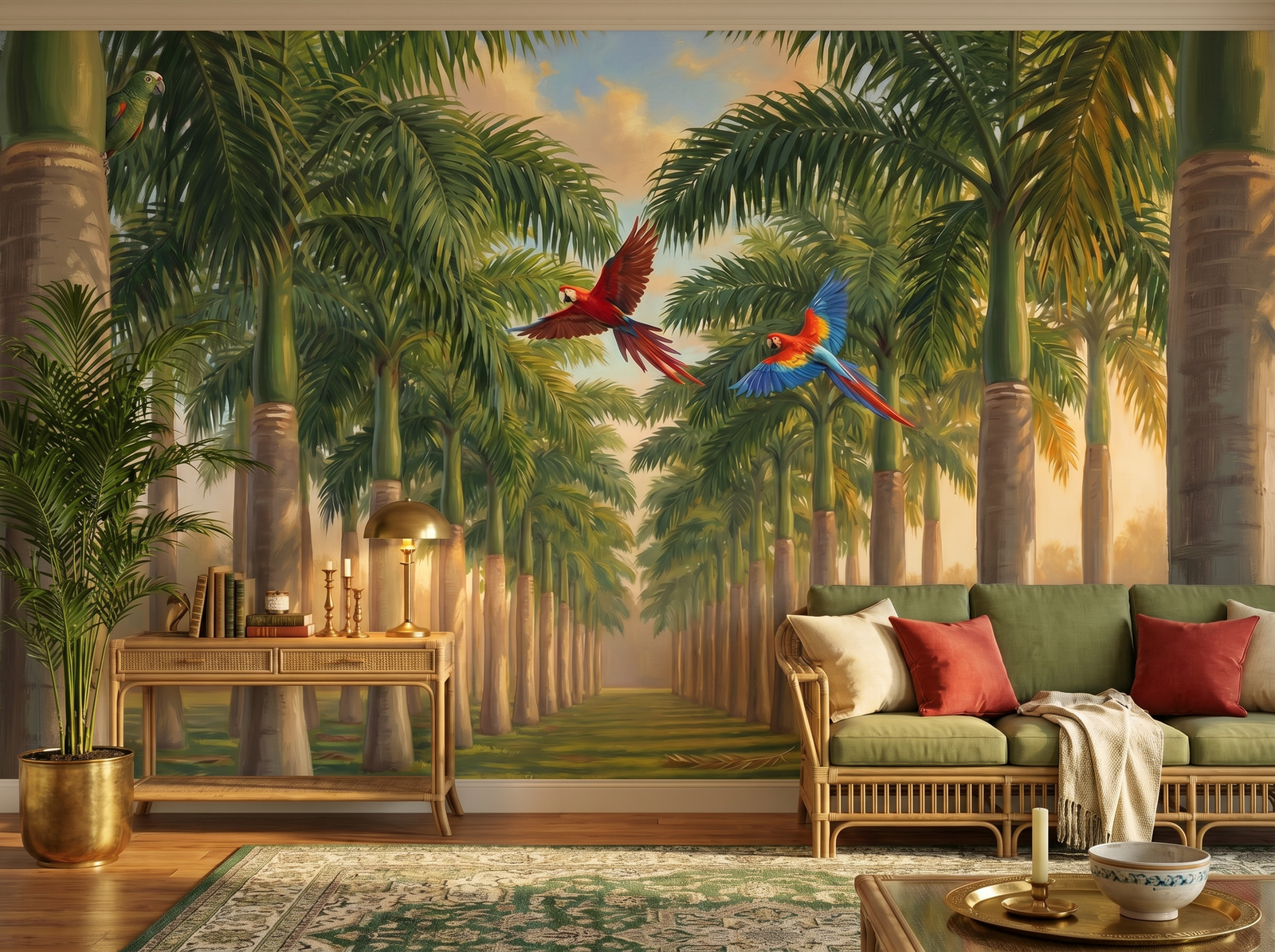 Palm Cathedral scenic wallpaper mural on the feature wall of a tropical entrance hall, in a verdant green palette — The Wall Shawl.