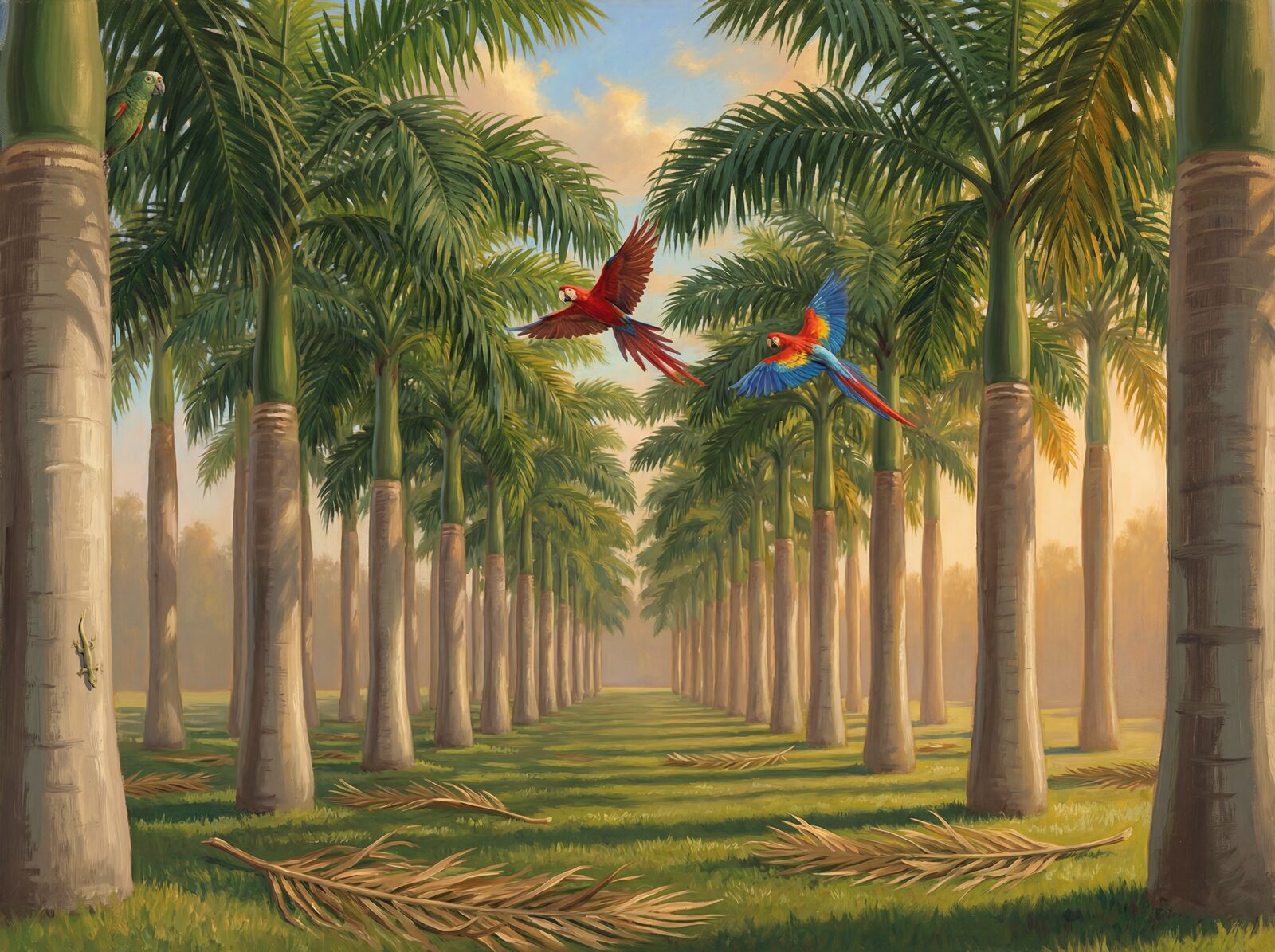 Tropical avenue mural with Trunk Shadow, Crown Green, and Warm Sky palette. Made to order.