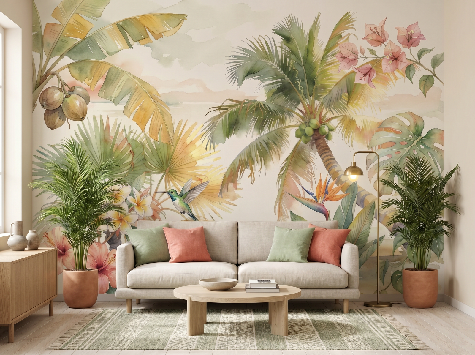 Palm Paradise scenic wallpaper mural on the feature wall of a tropical bedroom, in a soft grey palette — The Wall Shawl.