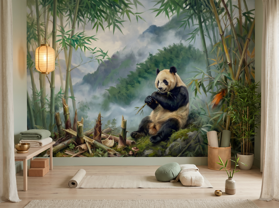 Panda in Bamboo scenic wallpaper mural on the feature wall of a chinoiserie bedroom, in a verdant green palette — The Wall Shawl.