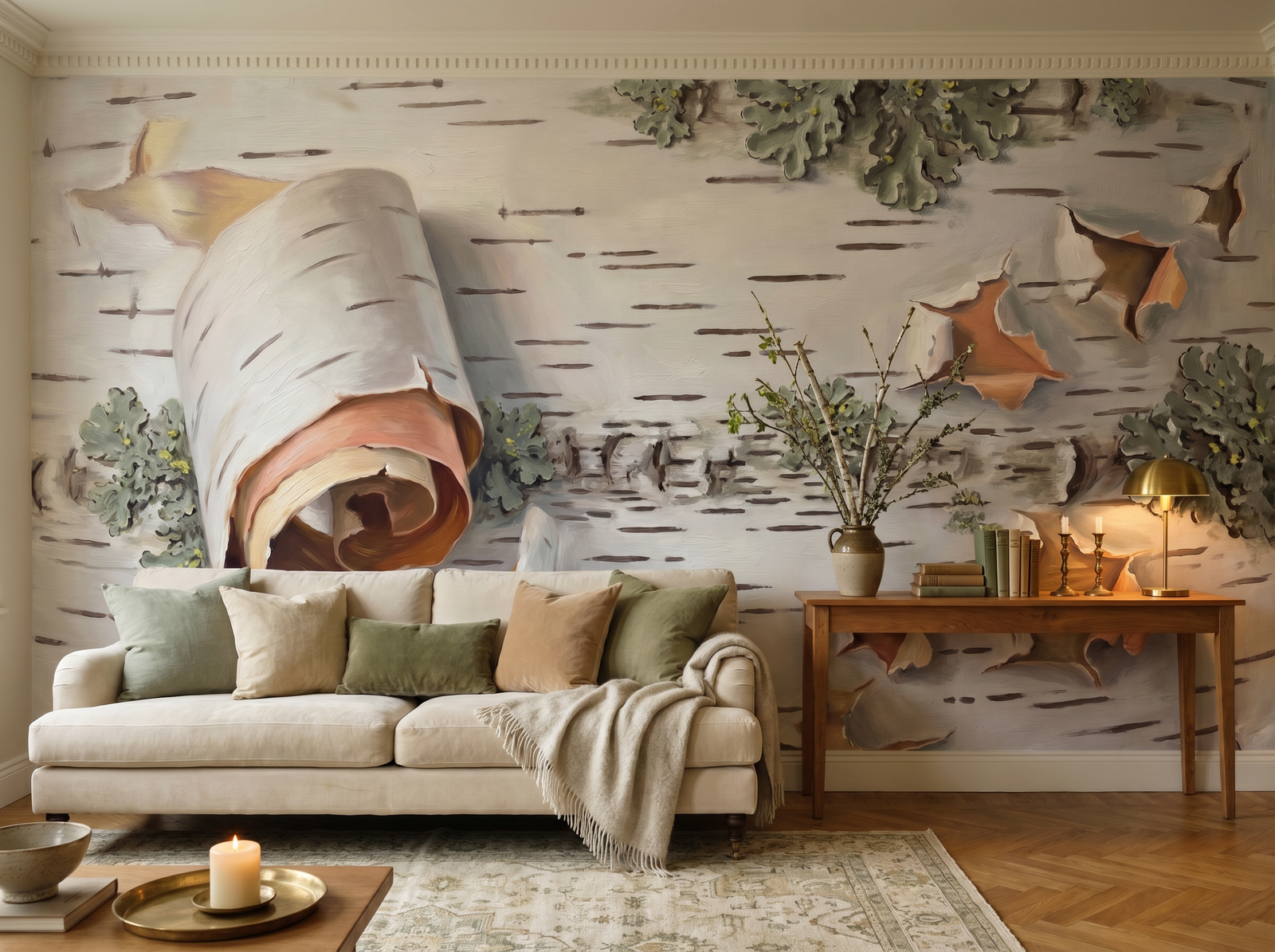 Paper Birch Close-Up scenic wallpaper mural on the feature wall of a biophilic bedroom, in a soft grey palette — The Wall Shawl.