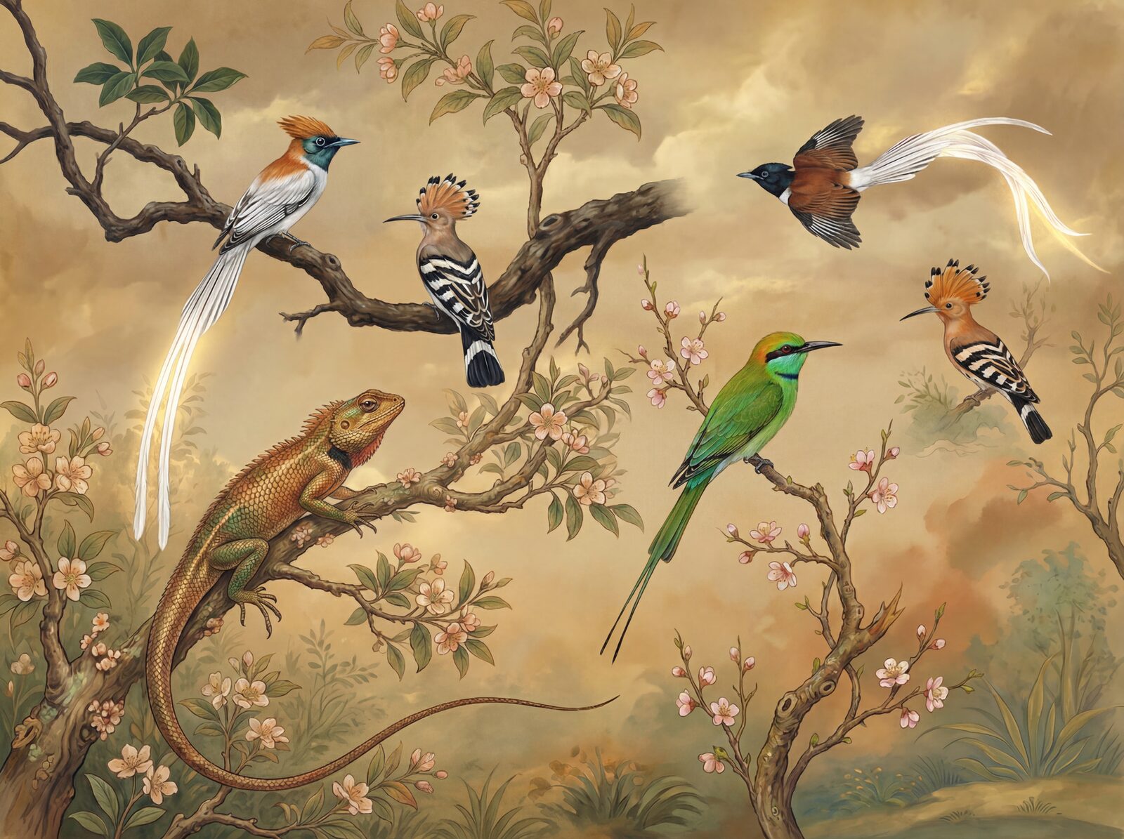 Mural wallpaper featuring Asian paradise flycatcher and Eurasian hoopoe in a Mughal garden, with Flycatcher White, Flycatcher Black, and Hoopoe Pink palette. Made to order.