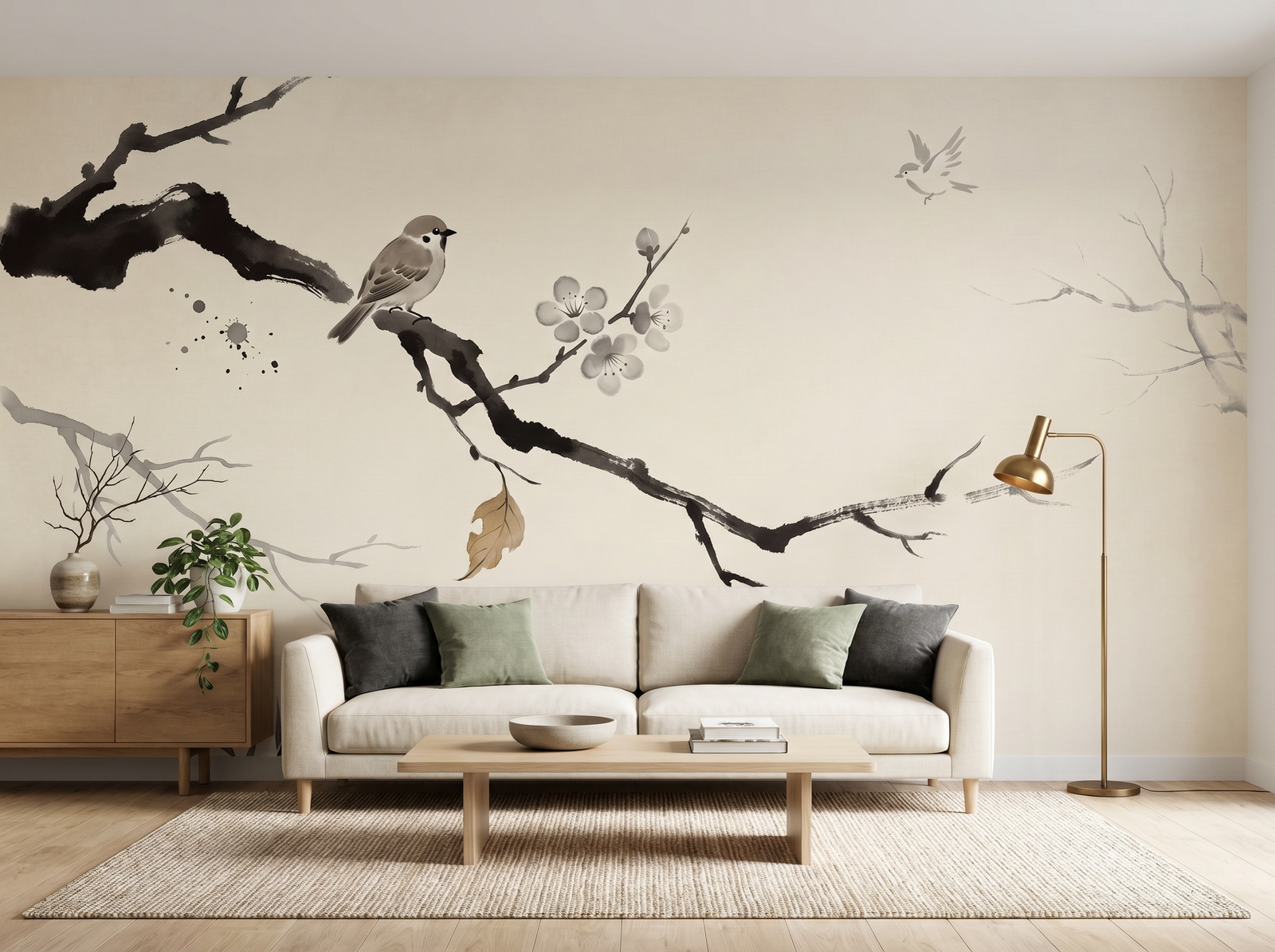 Parchment — Hand-Painted scenic wallpaper mural on the feature wall of a Japandi bedroom, in a soft grey palette — The Wall Shawl.