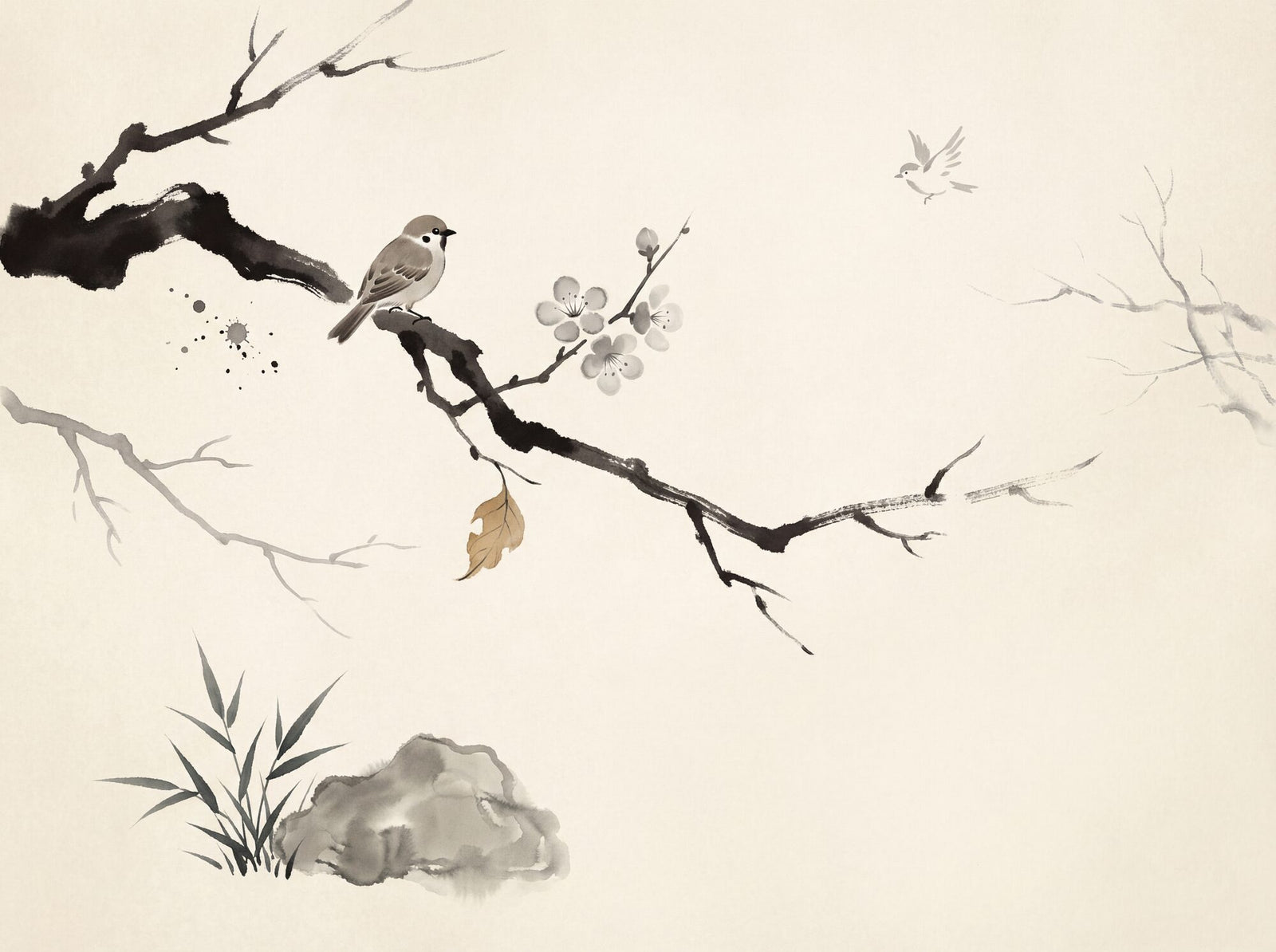 Sumi-e ink-wash mural: gnarled plum branch with perching sparrow, minimal blossoms, ink rock and bamboo grass on a warm aged-parchment ground