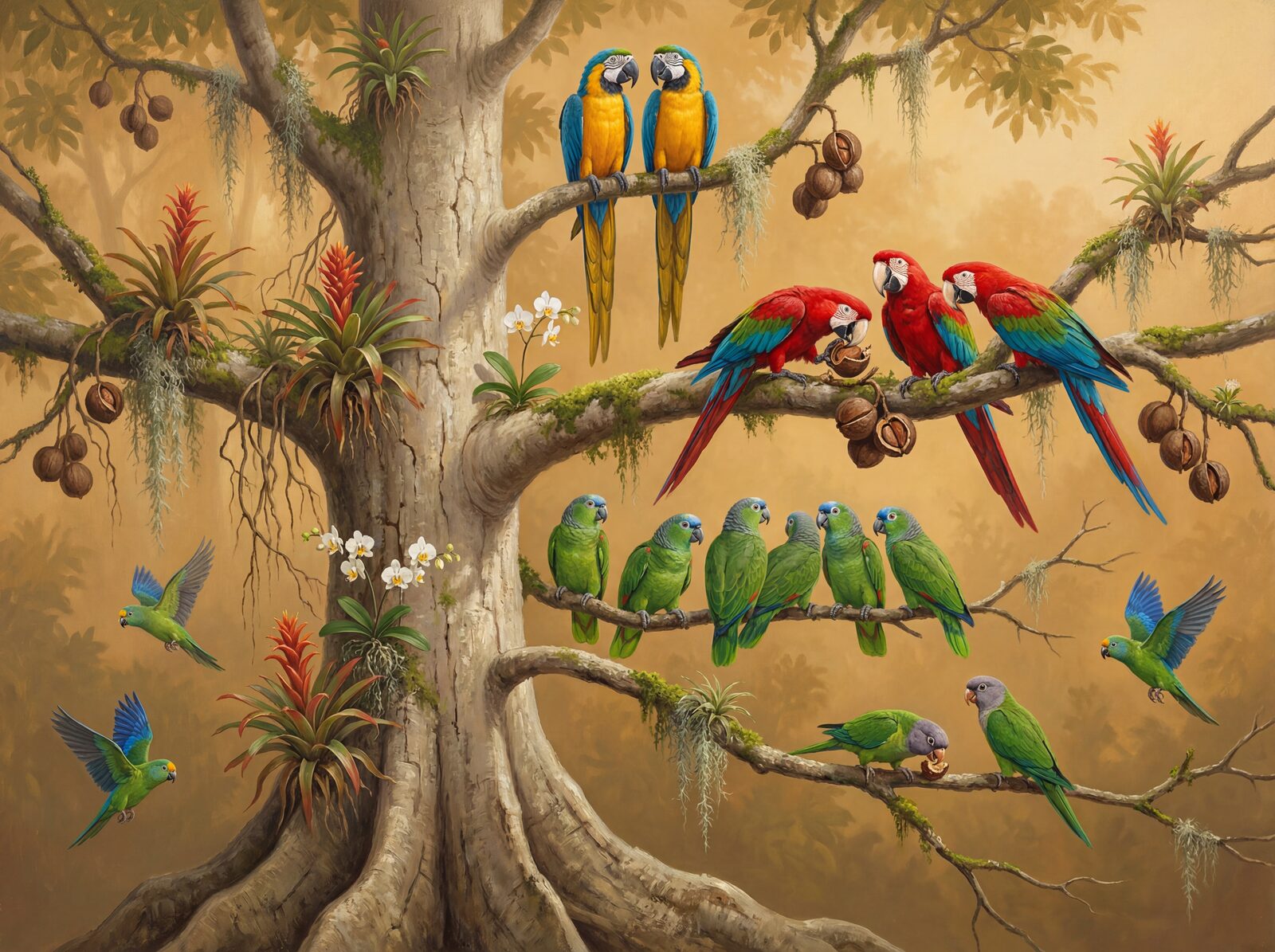 Vibrant parrot gathering in blues, yellows, and greens. Made to order.