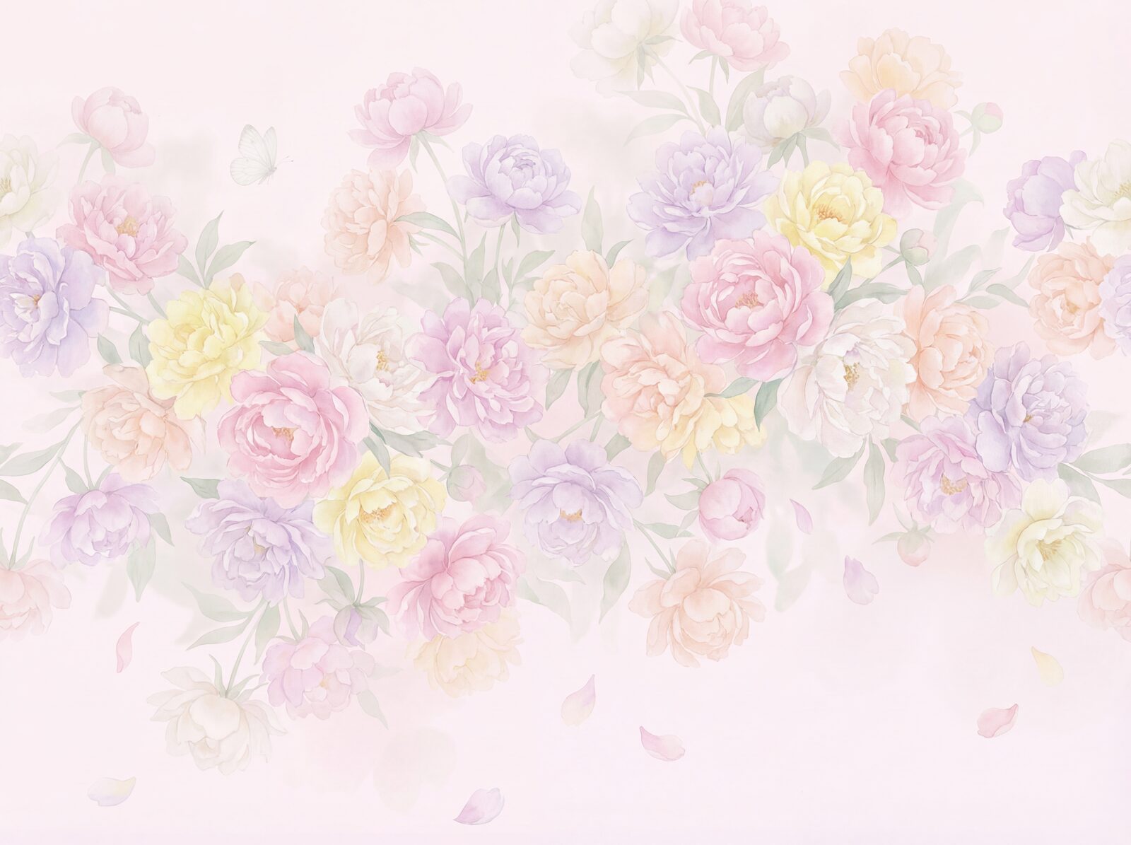 Drift into a dreamscape of soft pink, lavender, and butter yellow peonies. An enveloping, tranquil mural in gentle pastels. Made to order.