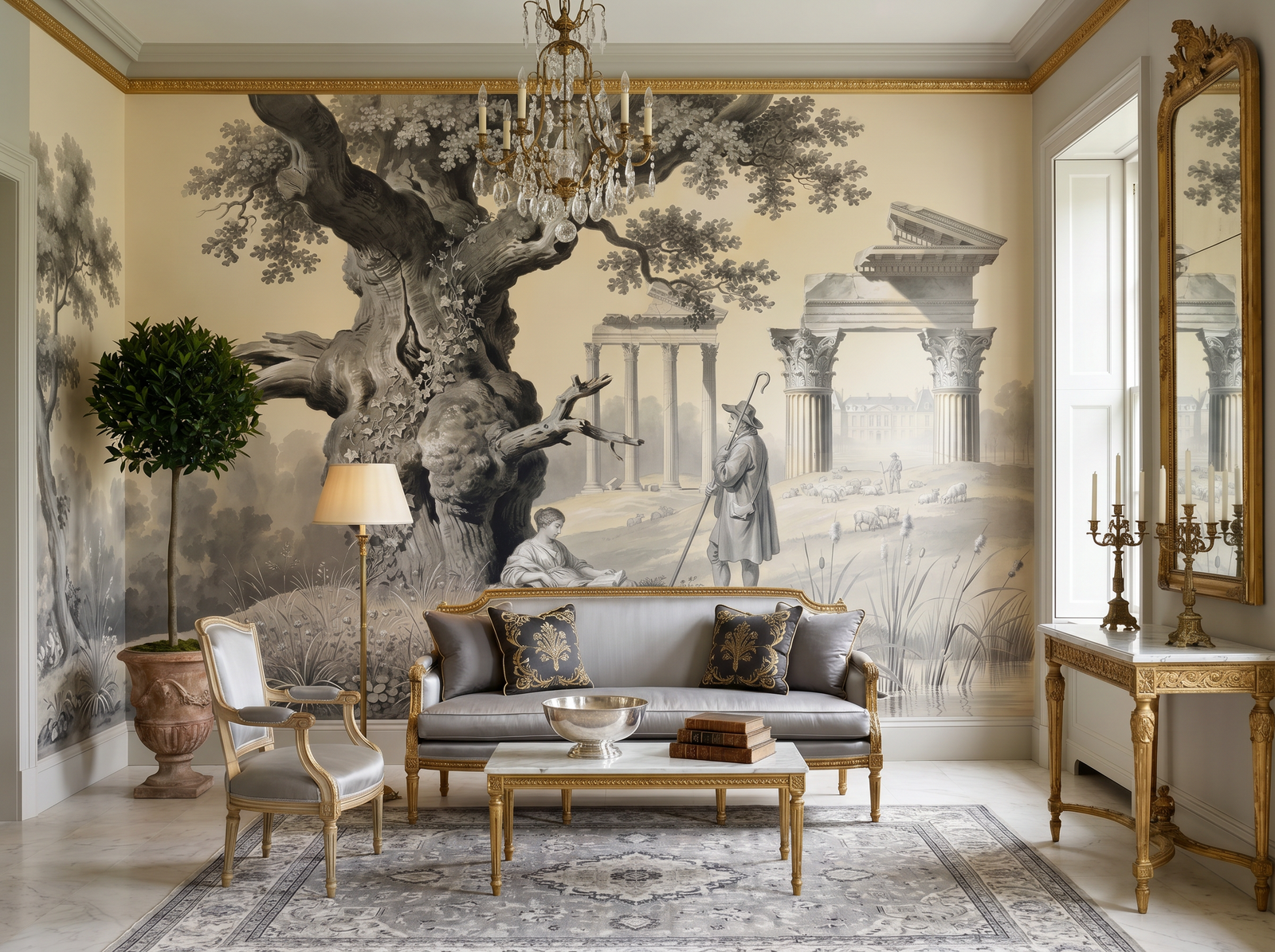 Arcadian Grisaille scenic wallpaper mural on the feature wall of a traditional dining room, in a soft grey palette — The Wall Shawl.