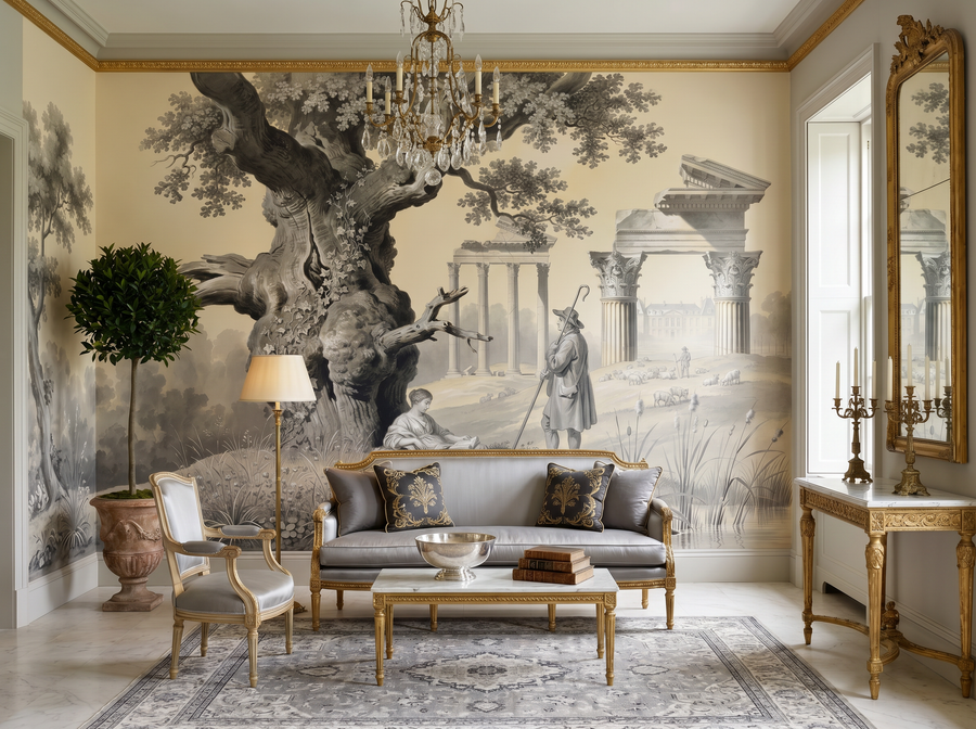Arcadian Grisaille scenic wallpaper mural on the feature wall of a traditional dining room, in a soft grey palette — The Wall Shawl.