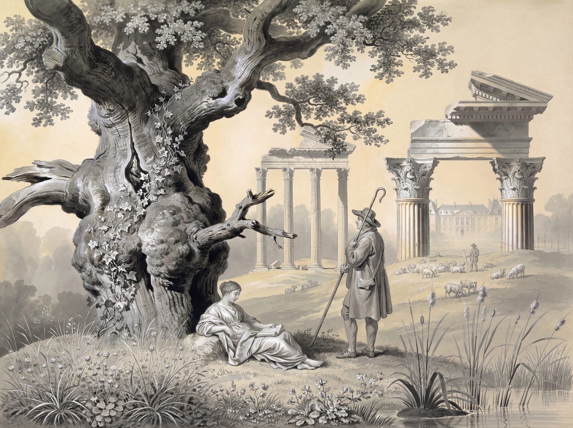 Grisaille panoramic mural with ancient oak tree, seated classical figure, shepherd with crook, stone bridge, Corinthian ruins with trailing vines, and distant sheep on a warm cream ground in graduated grey tones