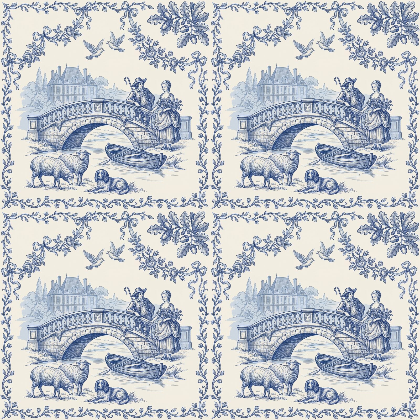 Immerse yourself in an 18th-century French pastoral in cobalt blue on cream. Made to order.