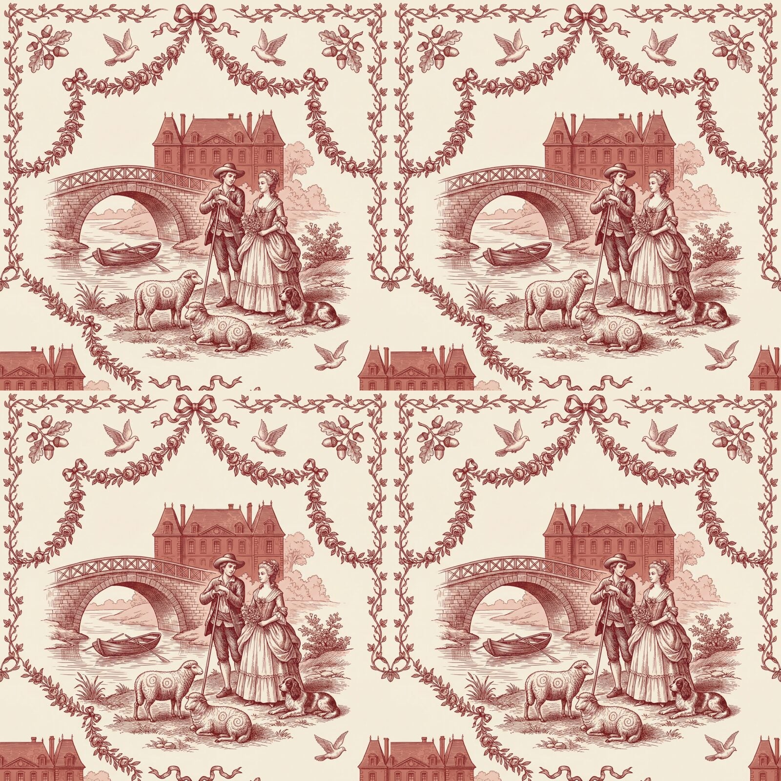 Our Pastoral Romance in Red mural wallpaper. Warm red toile on cream ground. Made to order.