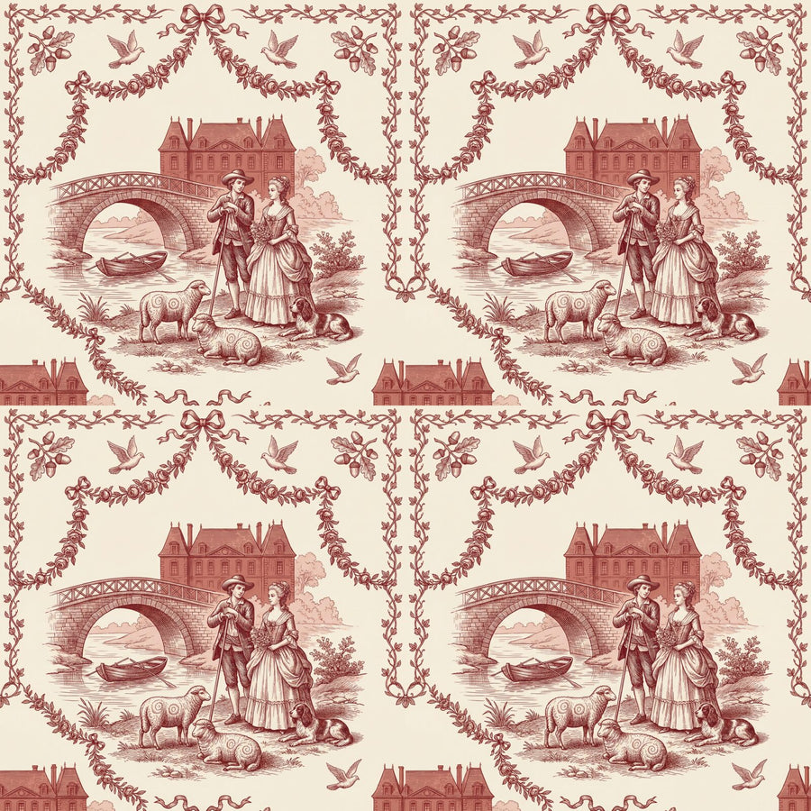 Our Pastoral Romance in Red mural wallpaper. Warm red toile on cream ground. Made to order.