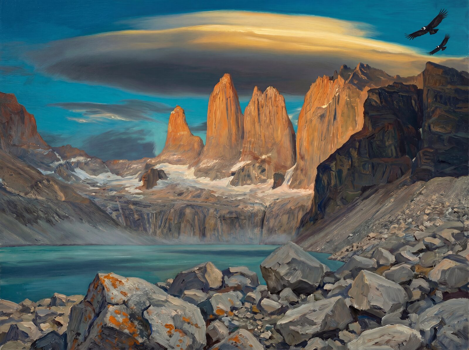 Scenic mural wallpaper featuring glacial turquoise, dawn granite, and patagonian sky. Made to order.