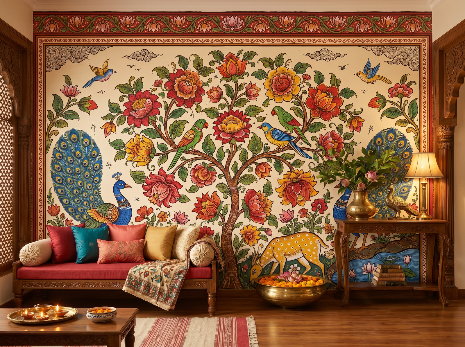 Pattachitra Garden scenic wallpaper mural on the feature wall of an eclectic living room, in a rich red-and-burgundy palette — The Wall Shawl.