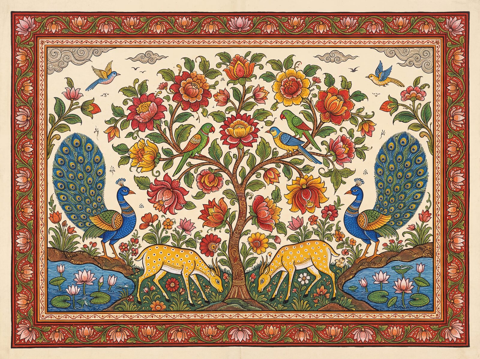 Immerse yourself in a lush, jewel-toned Pattachitra garden. Featuring peacocks, lotuses, and flowering trees in Temple Red, Krishna Blue, and Turmeric Yellow. Made to order.