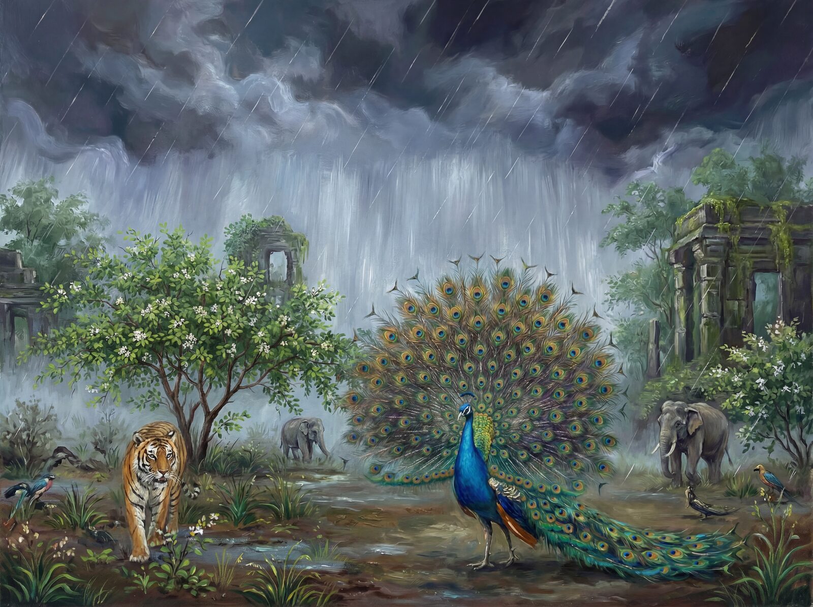 Vibrant peacock mural with Peacock Blue, Iridescent Green, and Rich Purple. Made to order.
