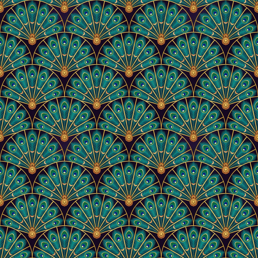 Scenic mural wallpaper featuring peacock fans in Midnight Plum, Peacock Gold, and Emerald Eye. Made to order.