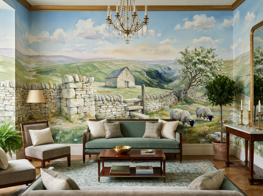 Peak District Drystone scenic wallpaper mural on the feature wall of a modern-rustic living room, in a soft grey palette — The Wall Shawl.