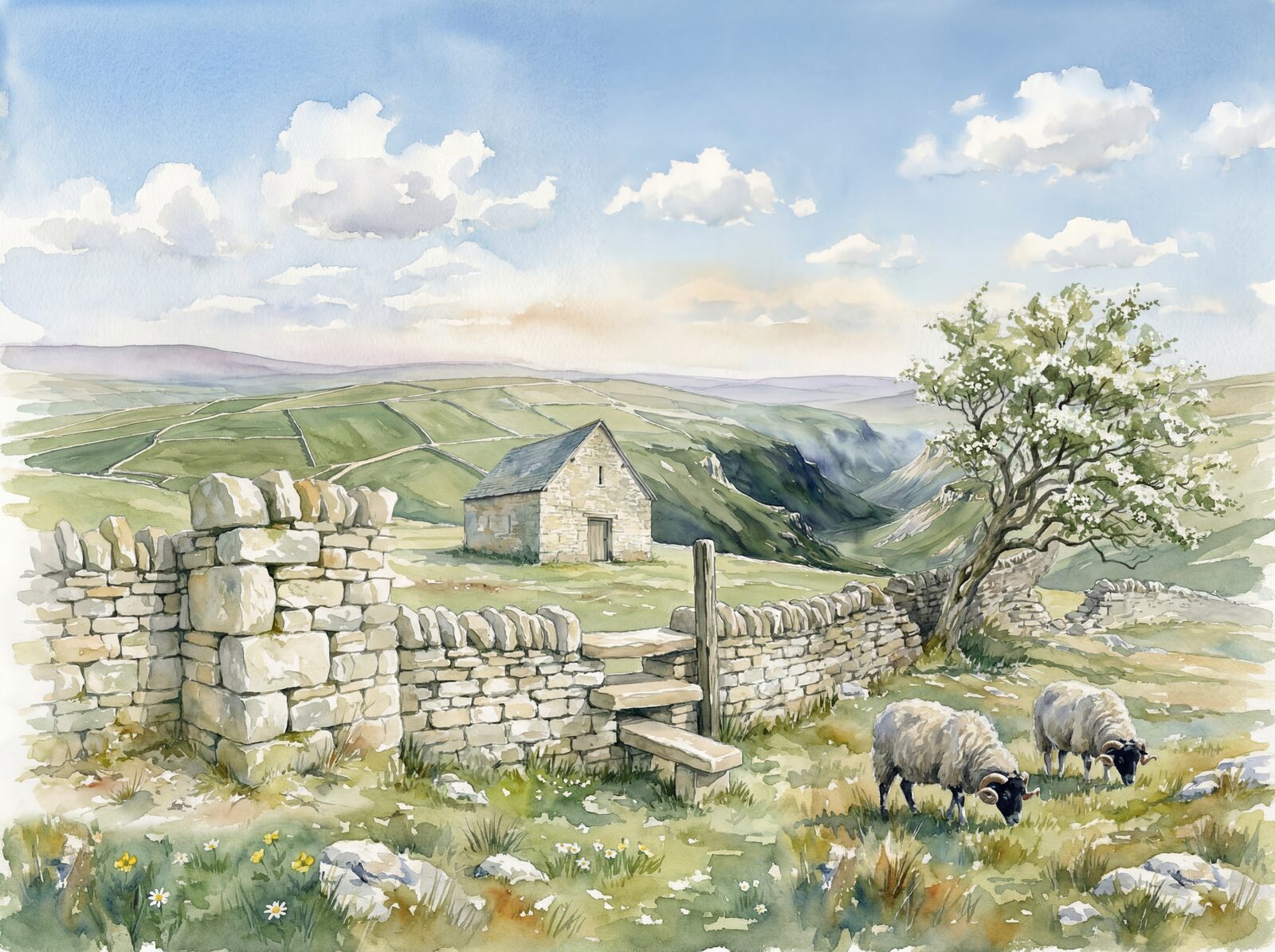 Scenic mural wallpaper featuring limestone dry-stone walls, green fields, and a spring sky. Palette includes Limestone Pale, Pasture Green, and Sky Spring. Made to order.