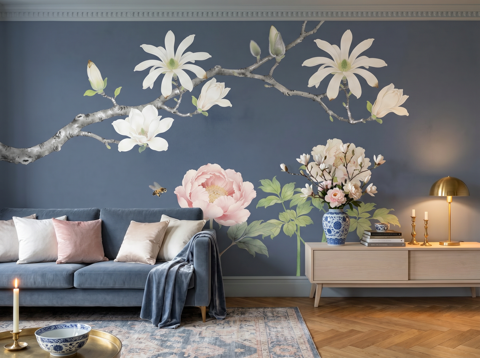 Peony and Magnolia scenic wallpaper mural on the feature wall of an English-country bedroom, in a soft grey palette — The Wall Shawl.
