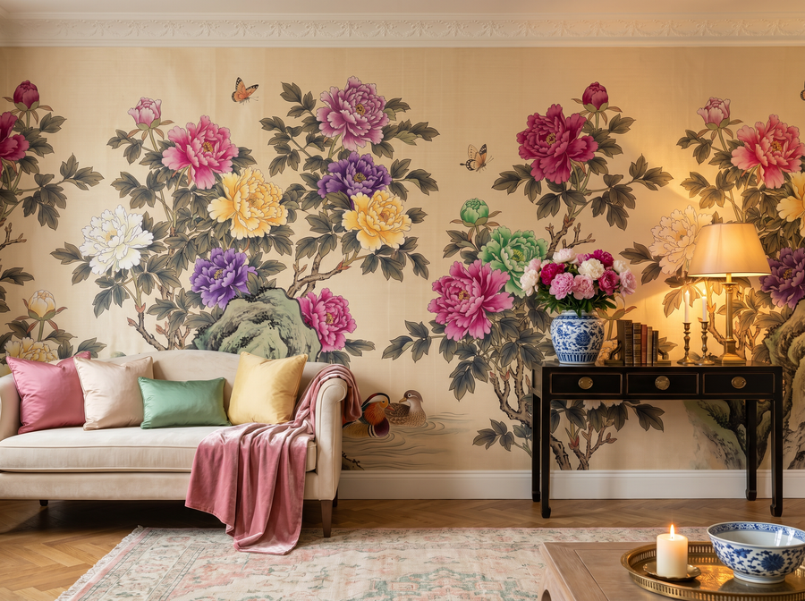 Peony Festival scenic wallpaper mural on the feature wall of an English-country dining room, in a golden yellow-and-ochre palette — The Wall Shawl.