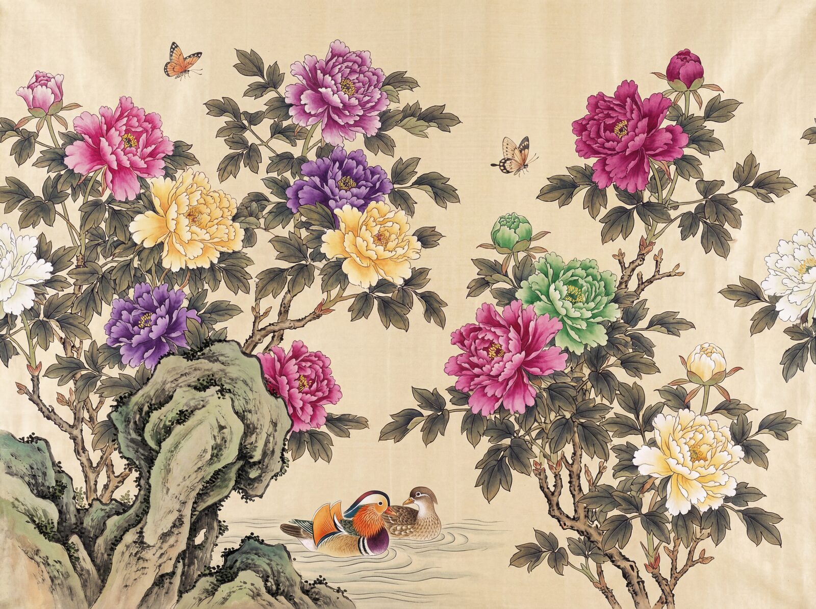 Step into a vibrant Chinese Peony Festival. Magnificent tree peonies in magenta, purple, green, and gold on warm silk. Made to order.