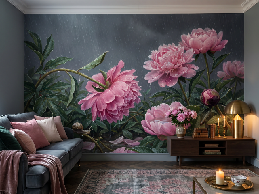 Peony in Rain scenic wallpaper mural on the feature wall of an English-country bathroom, in a soft grey palette — The Wall Shawl.