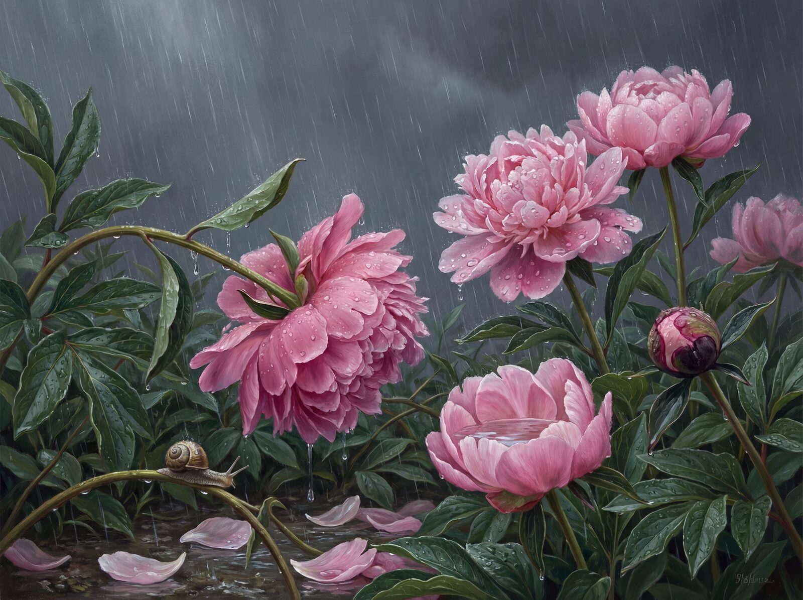 Experience the drama of a sudden shower with 'Peony in Rain' mural wallpaper. Wet slate, rain pink, storm green. Made to order.