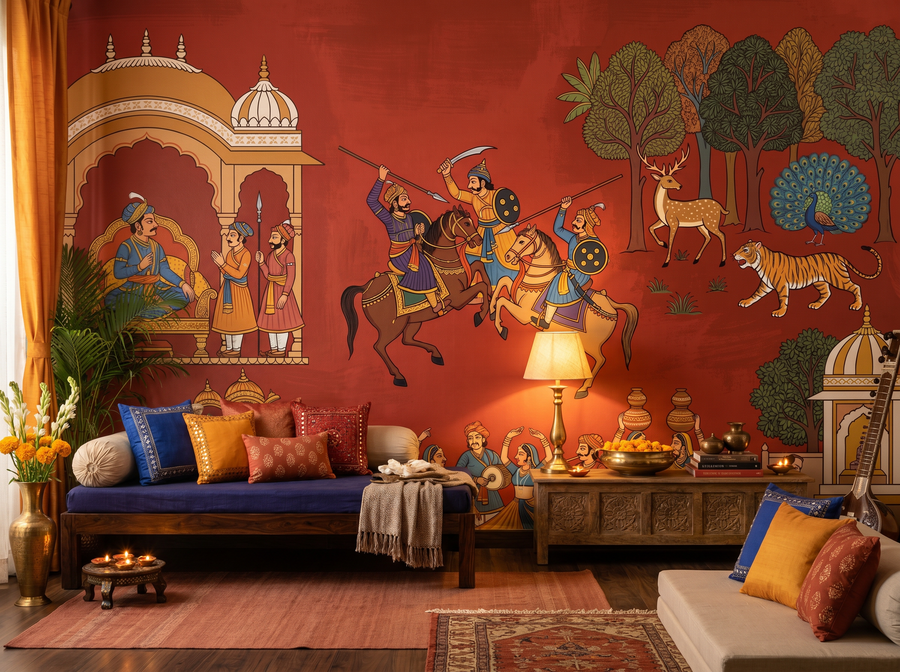 Phad Scroll wallpaper mural styled in a Traditional / Classic Living Room, Damask, Reds / Burgundy palette.