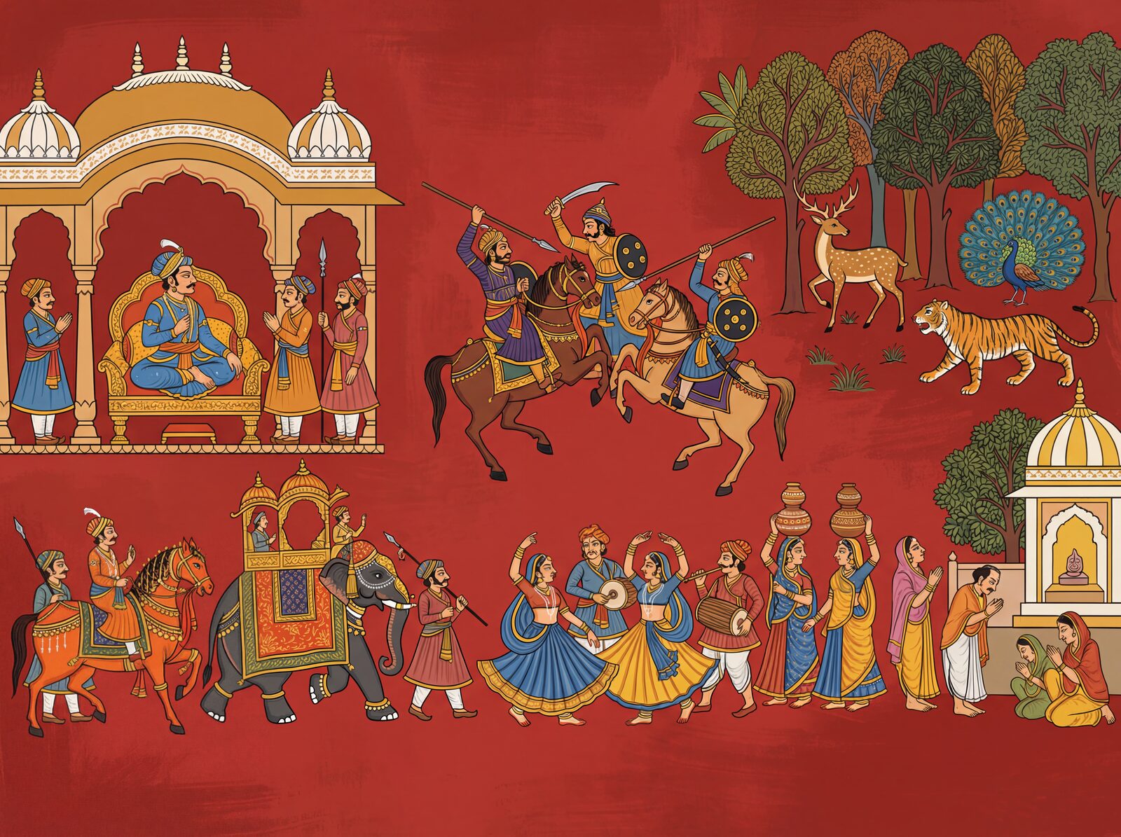 Immerse yourself in a vibrant Rajasthani epic with our Phad Scroll mural. Featuring bold reds, yellows, and blues. Made to order.