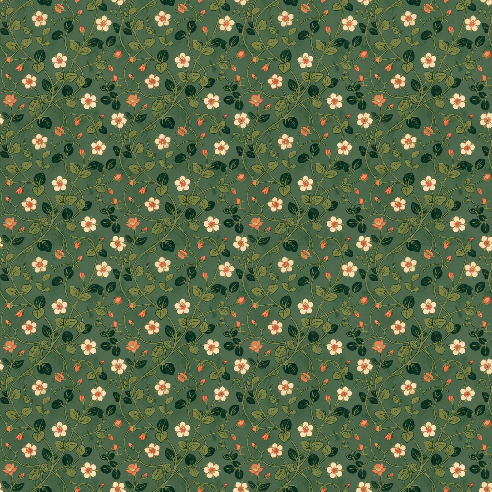 A refined botanical pattern wallpaper in deep sage green with cream and coral accents. Made to order.